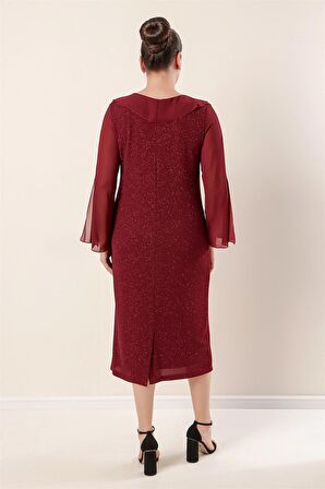 Yaka Ve Kollar Şifon Astarlı Likralı Simli Büyük Beden Elbise Bordo