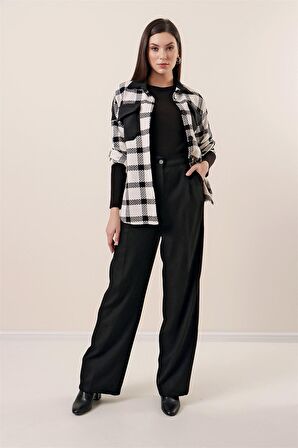 Yandan Cepli Yün Efektli Palazzo Pantolon Siyah