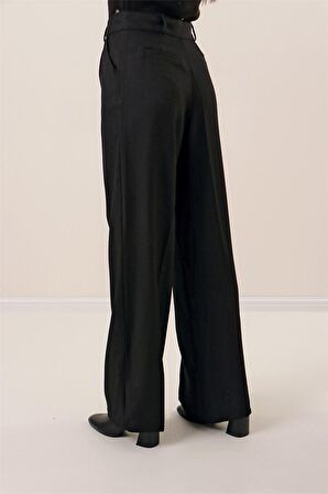 Yandan Cepli Yün Efektli Palazzo Pantolon Siyah