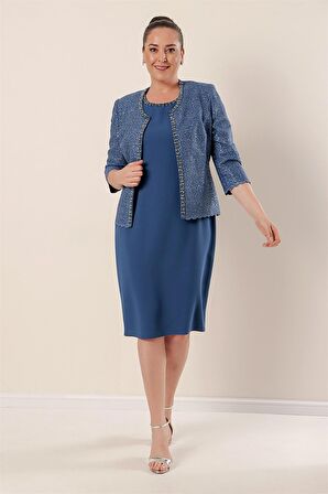 Yaka Taşlı Astarlı Krep Uzun Elbise Pulpayet Ceket Büyük Beden İkili Takım İNDİGO