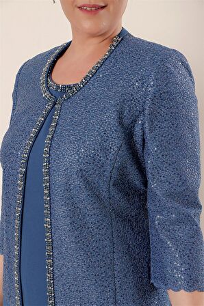 Yaka Taşlı Astarlı Krep Uzun Elbise Pulpayet Ceket Büyük Beden İkili Takım İNDİGO