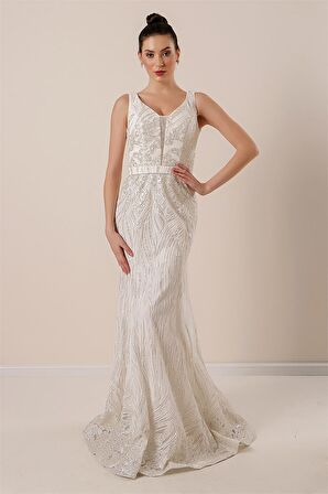 Kalın Askılı Hayalet Tüllü Astarlı Simli Uzun Elbise Krem