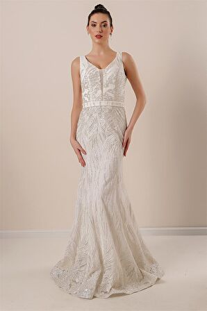 Kalın Askılı Hayalet Tüllü Astarlı Simli Uzun Elbise Krem