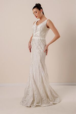 Kalın Askılı Hayalet Tüllü Astarlı Simli Uzun Elbise Krem