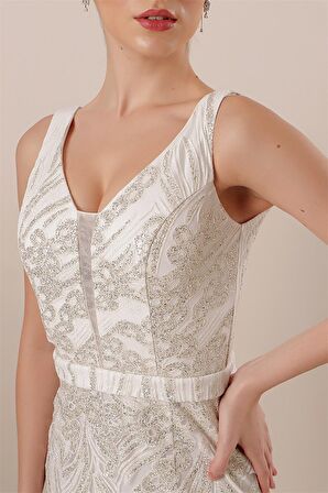 Kalın Askılı Hayalet Tüllü Astarlı Simli Uzun Elbise Krem