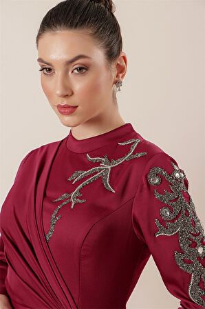 Taş İşlemeli Önü Büzgülü Astarlı Krep Saten Tesettür Elbise Fuşya