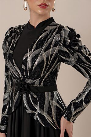 Kolları Büzgülü Güllü KEmer Detaylı Astarlı Üstü Yaldızlı Şifon Elbise SİYAH-GOLD