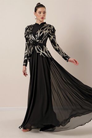 Kolları Büzgülü Güllü KEmer Detaylı Astarlı Üstü Yaldızlı Şifon Elbise SİYAH-GOLD