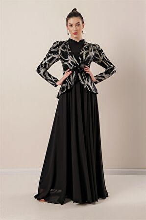 Kolları Büzgülü Güllü KEmer Detaylı Astarlı Üstü Yaldızlı Şifon Elbise SİYAH-GOLD