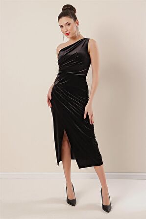 Tek omuz Önü Büzgülü Kadife Elbise Siyah