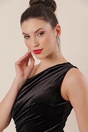 Tek omuz Önü Büzgülü Kadife Elbise Siyah