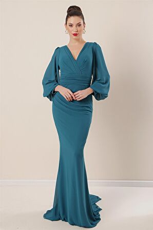 Kruvaze Yaka Önü Büzgülü Astarlı Uzun Şifon Elbise Petrol