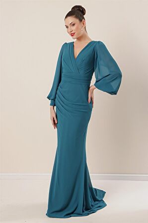 Kruvaze Yaka Önü Büzgülü Astarlı Uzun Şifon Elbise Petrol