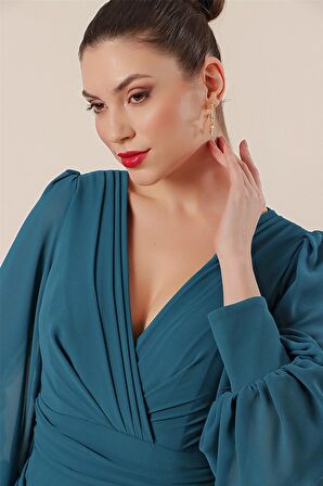 Kruvaze Yaka Önü Büzgülü Astarlı Uzun Şifon Elbise Petrol