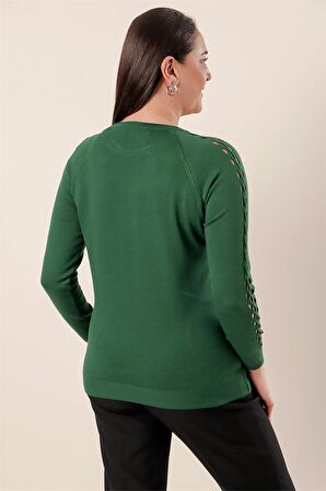 Kol Detaylı Büyük Beden Akrilik Kazak Yeşil