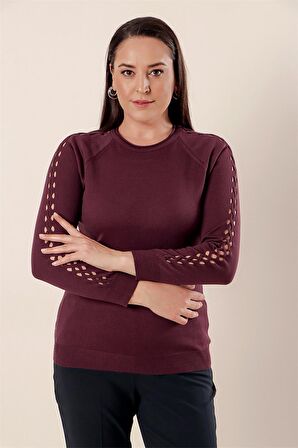 Kol Detaylı Büyük Beden Akrilik Kazak Mürdüm