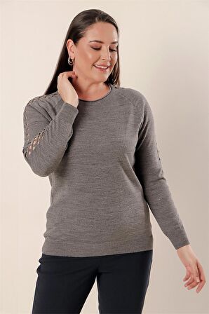 Kol Detaylı Büyük Beden Akrilik Kazak Gri