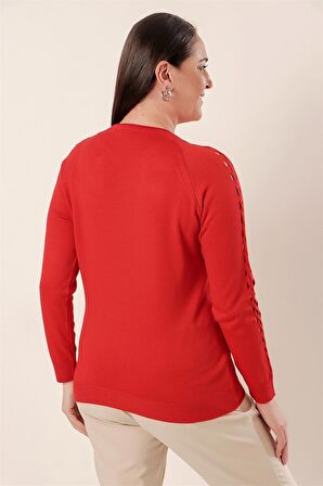 Kol Detaylı Büyük Beden Akrilik Kazak Mercan