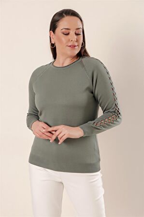 Kol Detaylı Büyük Beden Akrilik Kazak SU YEŞİLİ