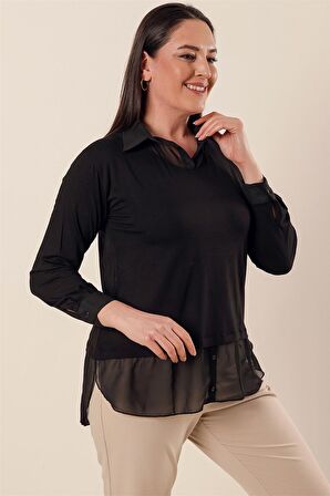 Şifon Detaylı Gömlek Yaka Rahat Kesim Büyük Beden Bluz Siyah