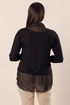 Şifon Detaylı Gömlek Yaka Rahat Kesim Büyük Beden Bluz Siyah