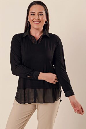 Şifon Detaylı Gömlek Yaka Rahat Kesim Büyük Beden Bluz Siyah