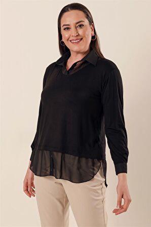 Şifon Detaylı Gömlek Yaka Rahat Kesim Büyük Beden Bluz Siyah