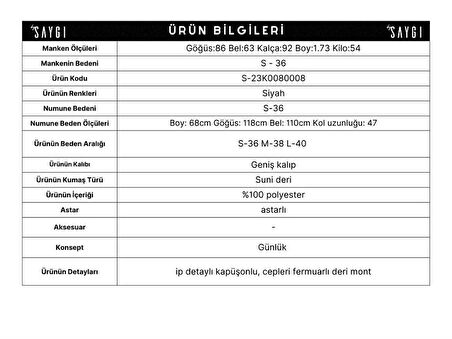 Kapüşonlu İçi Astarlı Cepli Deri Mont Siyah