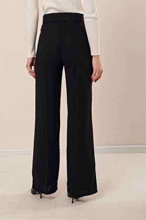 Beli Kemerli Bol Paça Krep Pantolon Siyah