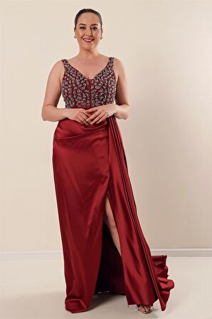 Üstü Tül Taş Detaylı Astarlı Büyük Beden Uzun Saten Elbise Bordo