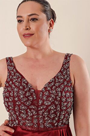 Üstü Tül Taş Detaylı Astarlı Büyük Beden Uzun Saten Elbise Bordo