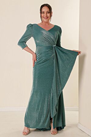 Önü Volanllı Astarlı Simli Büyük Beden Elbise Mint