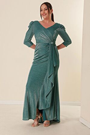 Önü Volanllı Astarlı Simli Büyük Beden Elbise Mint