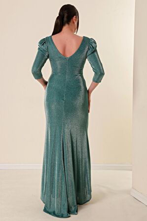 Önü Volanllı Astarlı Simli Büyük Beden Elbise Mint