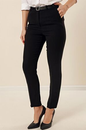 Beli Kemerli Yandan Cepli Dar Paça Krep Geniş Beden Aralıklı Pantolon Siyah