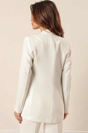 Sahte Cepli Astarlı Geniş Beden Aralıklı Krep Ceket Ekru