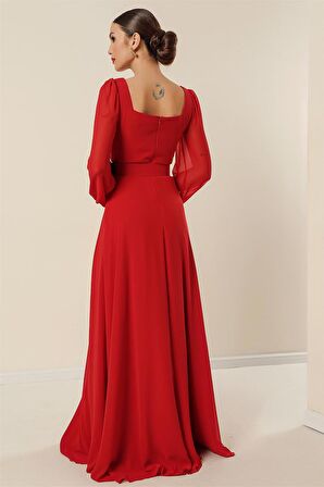 Kare Yaka Beli Kemerli Astarlı Şifon Uzun Elbise Kırmızı