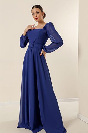 Kare Yaka Beli Kemerli Astarlı Şifon Uzun Elbise Saks