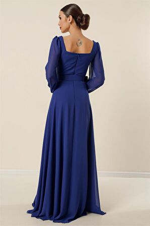 Kare Yaka Beli Kemerli Astarlı Şifon Uzun Elbise Saks