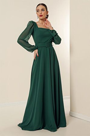 Kare Yaka Beli Kemerli Astarlı Şifon Uzun Elbise Zümrüt