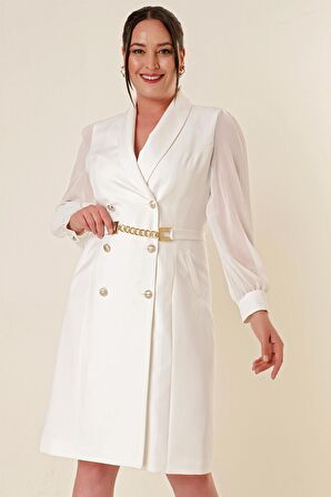 Önü Düğmeli Beli Kemerli Kolu Tül Büyük Beden Elbise Ekru