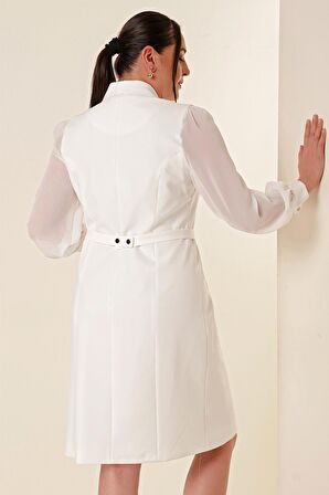 Önü Düğmeli Beli Kemerli Kolu Tül Büyük Beden Elbise Ekru