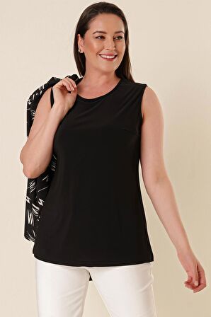 İçi Likralı Atletli Sahte Cepli Desenli Büyük Beden Krep Ceket Siyah