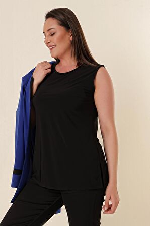 İçi Likralı Atlet Omuzlar Vatkalı Garnili Büyük Beden Krep Ceket 2'li Takım Saks