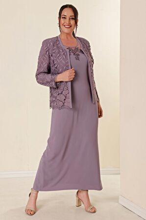 Boncuk İşlemeli Güpürlü Astarlı Elbise Ceket Büyük Beden 2'li Takım Lila