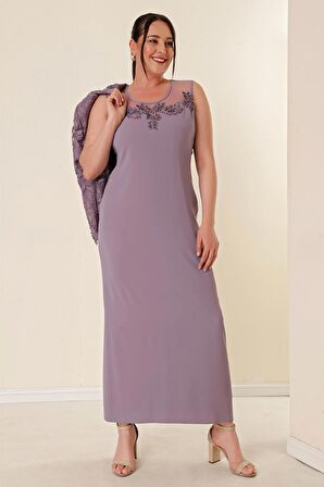 Boncuk İşlemeli Güpürlü Astarlı Elbise Ceket Büyük Beden 2'li Takım Lila