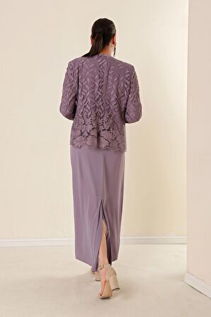 Boncuk İşlemeli Güpürlü Astarlı Elbise Ceket Büyük Beden 2'li Takım Lila