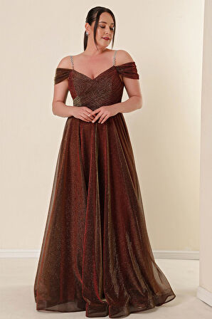 Askılı Düşük Kollu Astarlı Geniş Beden Aralıklı Uzun Simli Elbise