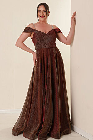 Askılı Düşük Kollu Astarlı Geniş Beden Aralıklı Uzun Simli Elbise