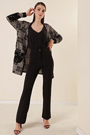 Yüksek Bel Örme Krep Çımalı Palazzo Pantolon Siyah